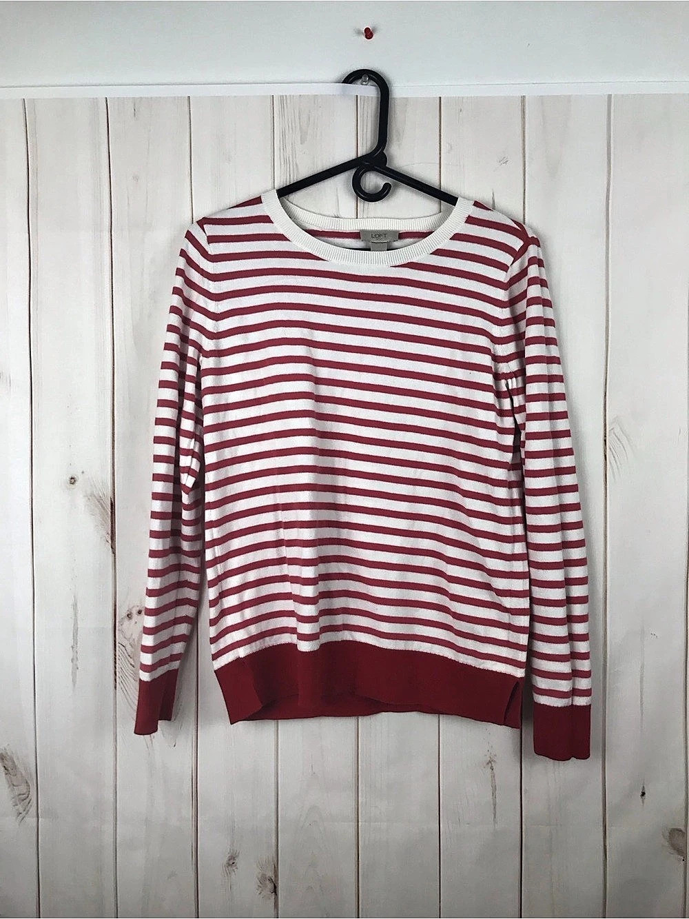 LOFT Striped Cotton Crewneck in Red & White Size Medium